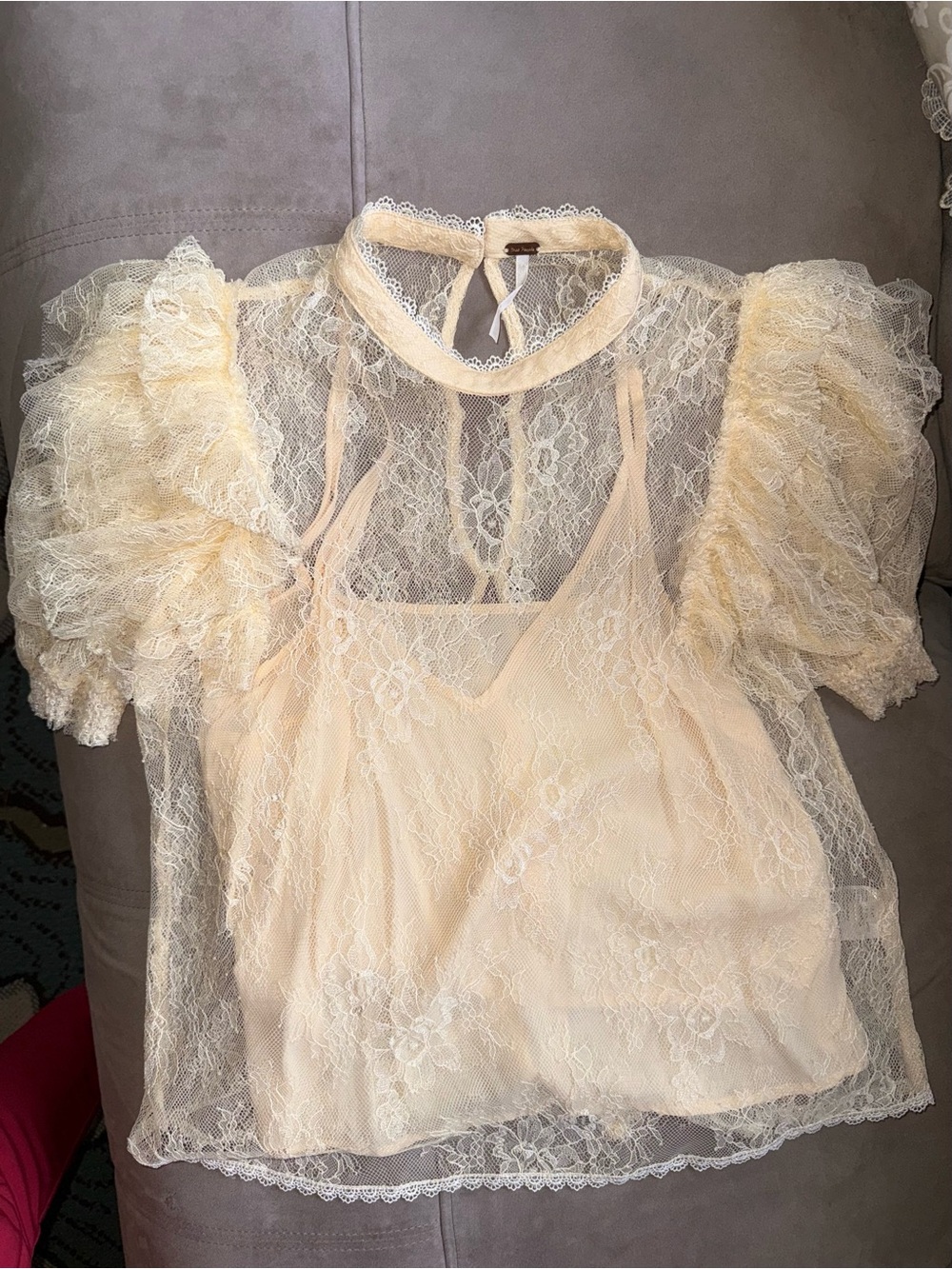 Free People Sheer Lace Puff-Sleeve Overlay Top in Cream
